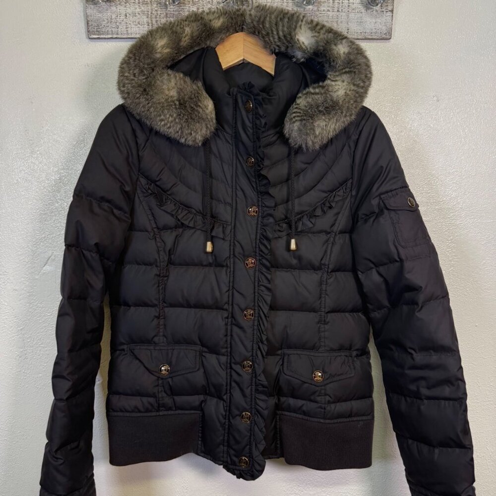 Juicy Couture Black Puffer Faux Fur Removable Hood Medium Y2K Gold Zip